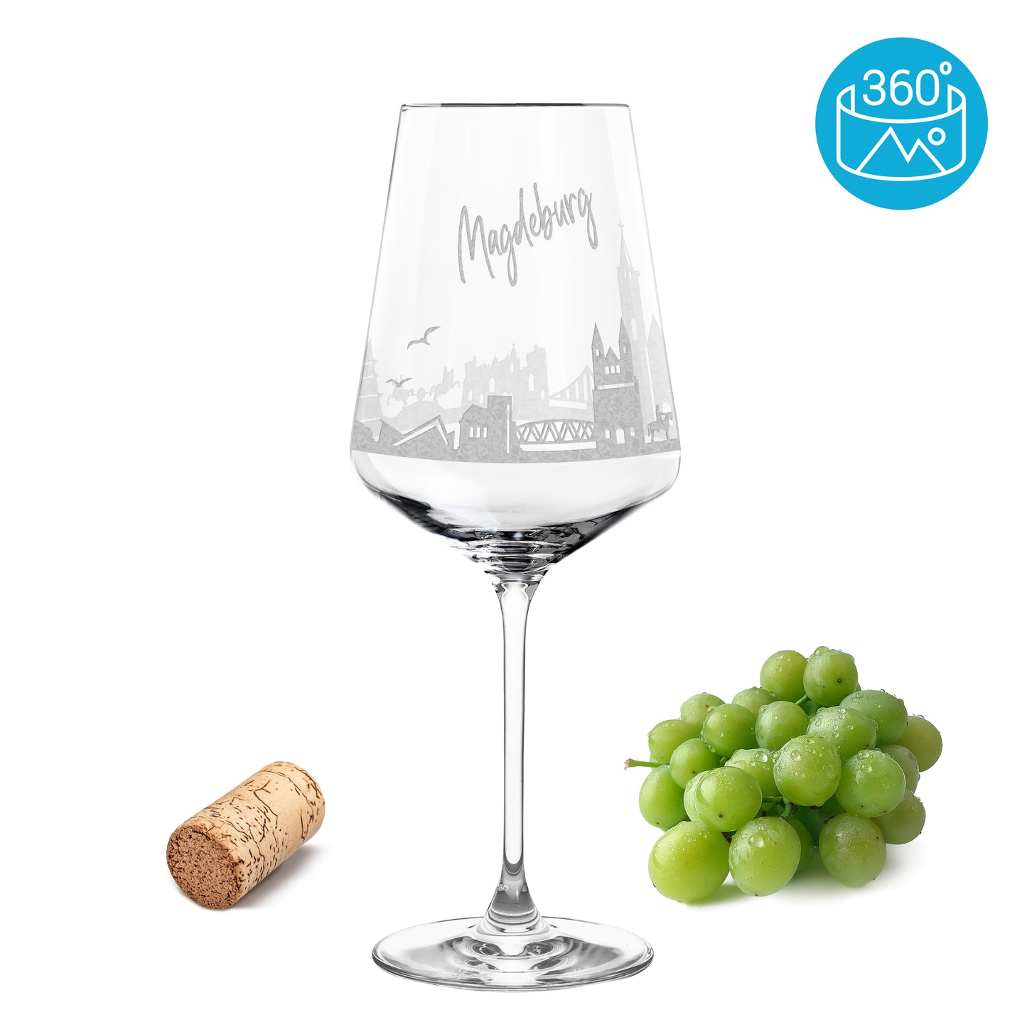 Weinglas mit Gravur Leonardo Puccini "SKYLINE MAGDEBURG" optional mit Wunschname