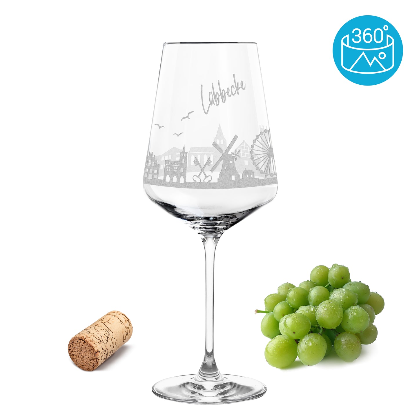 Weinglas mit Gravur Leonardo Puccini "SKYLINE LÜBBECKE" optional mit Wunschname