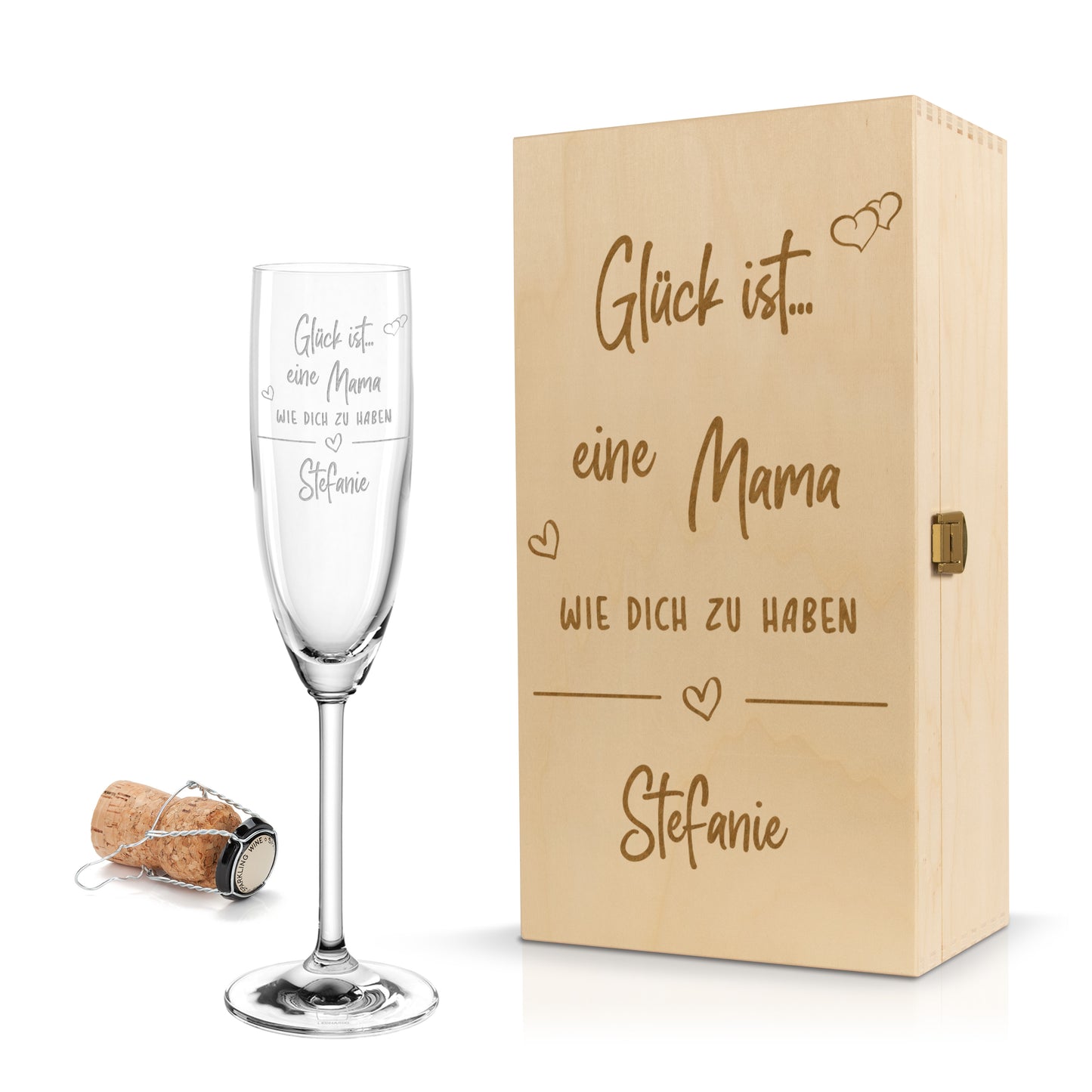 Sektglas mit Gravur Leonardo Daily "GLÜCK IST EINE MAMA WIE DICH ZU HABEN" inkl. Holzbox klein mit Wunschname