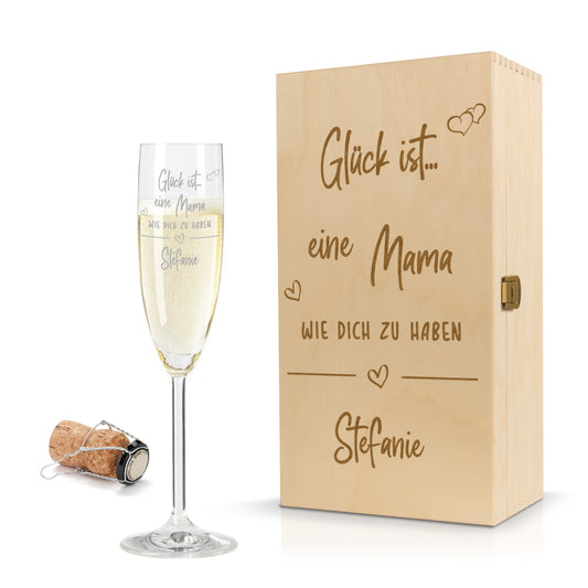 Sektglas mit Gravur Leonardo Daily "GLÜCK IST EINE MAMA WIE DICH ZU HABEN" inkl. Holzbox klein mit Wunschname
