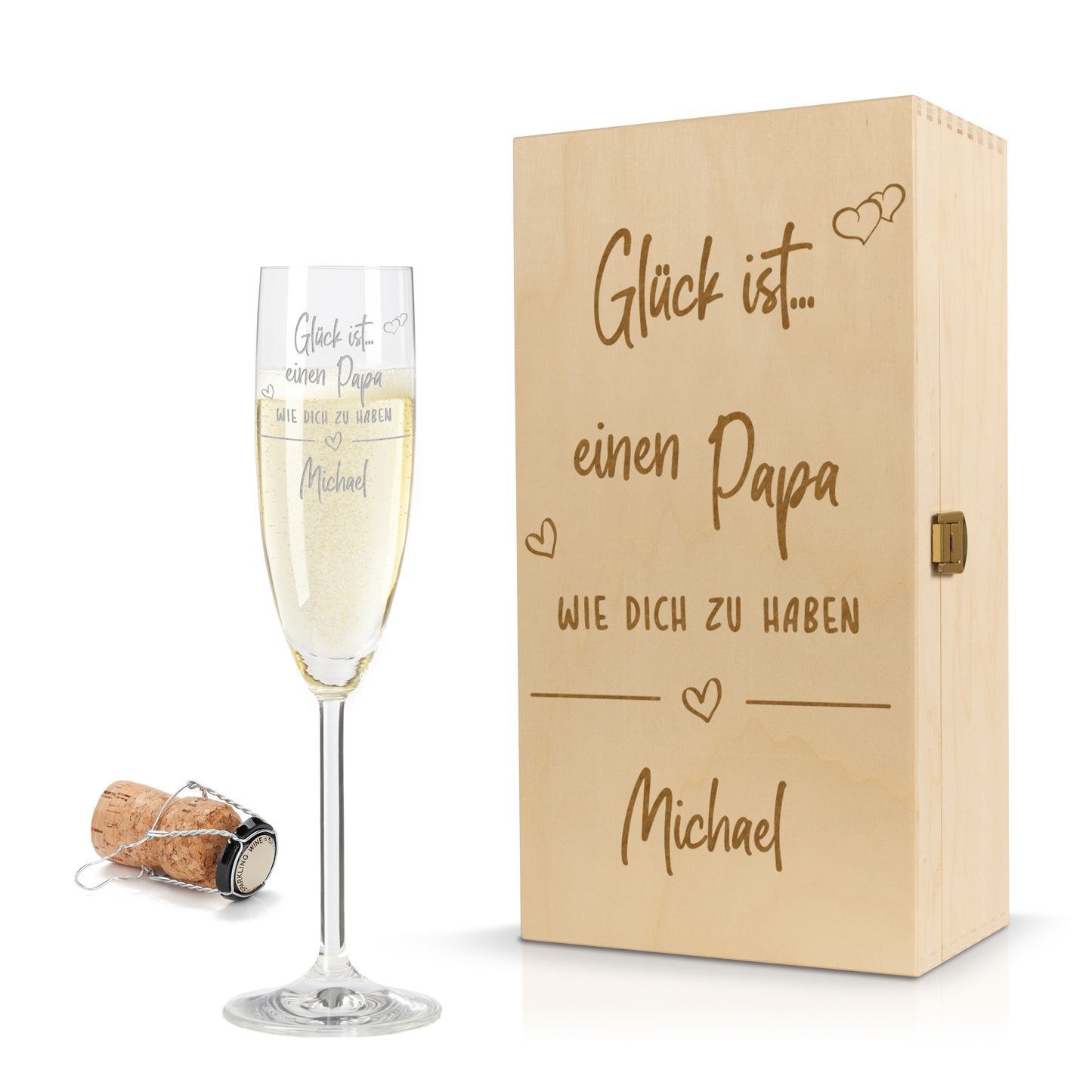 Sektglas mit Gravur Leonardo Daily "GLÜCK IST EINEN PAPA WIE DICH ZU HABEN" inkl. Holzbox klein mit Wunschname