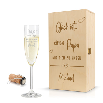 Sektglas mit Gravur Leonardo Daily "GLÜCK IST EINEN PAPA WIE DICH ZU HABEN" inkl. Holzbox klein mit Wunschname