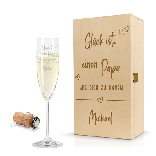 Sektglas mit Gravur Leonardo Daily "GLÜCK IST EINEN PAPA WIE DICH ZU HABEN" inkl. Holzbox klein mit Wunschname
