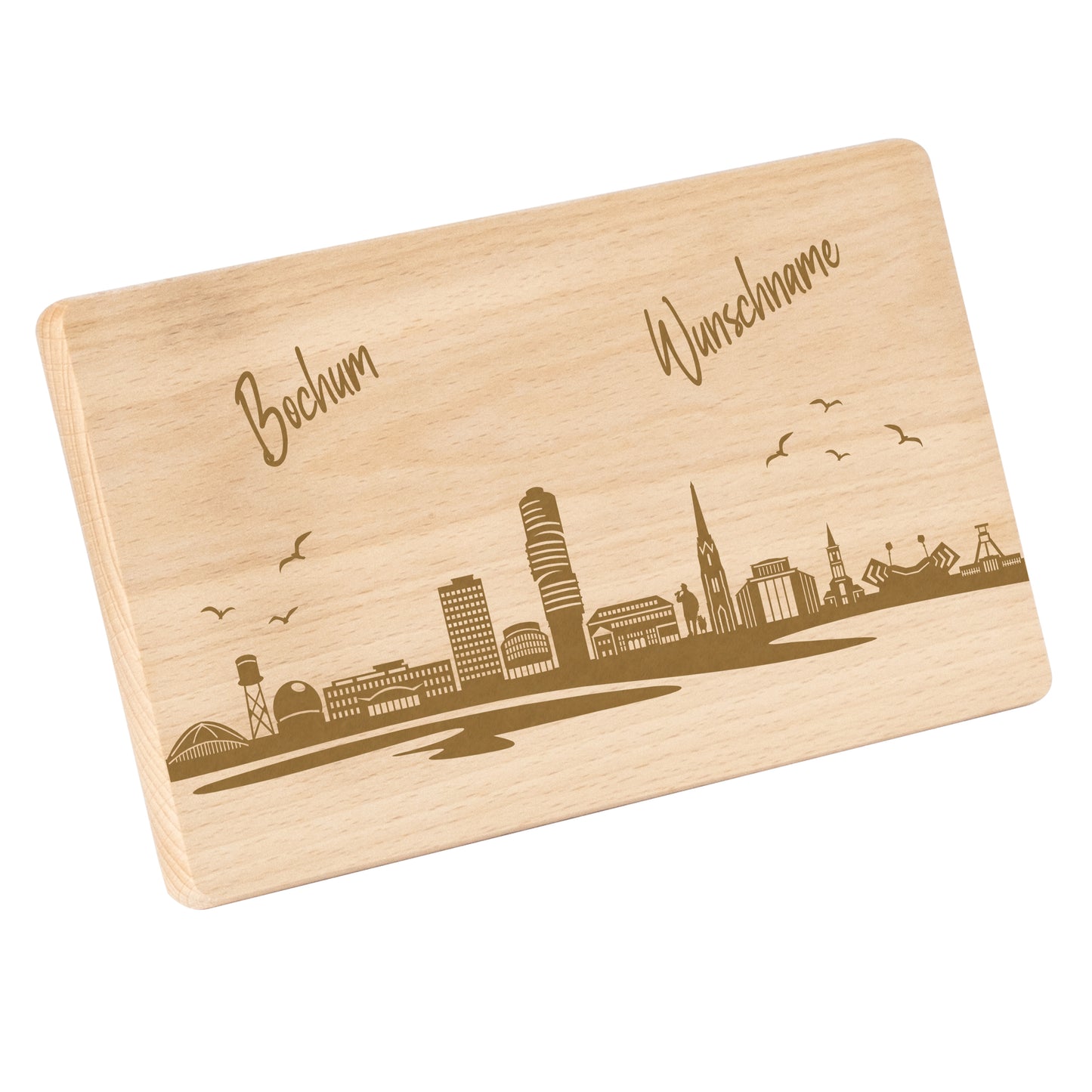 Frühstücksbrettchen 220x120mm mit Gravur mit der Skyline von Bochum personalisierbar mit Wunschname