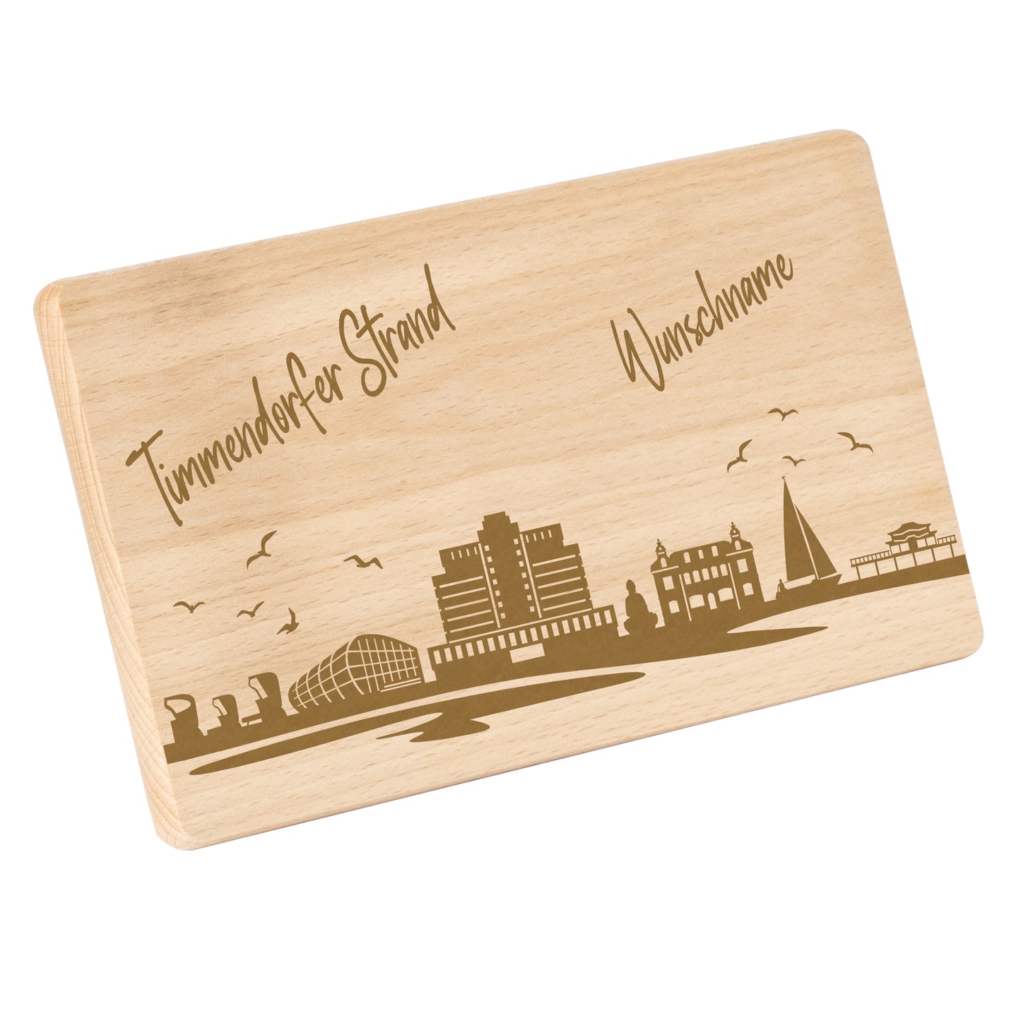 Frühstücksbrettchen 220x120mm mit Gravur mit der Skyline von Timmendorfer Strand personalisierbar mit Wunschname