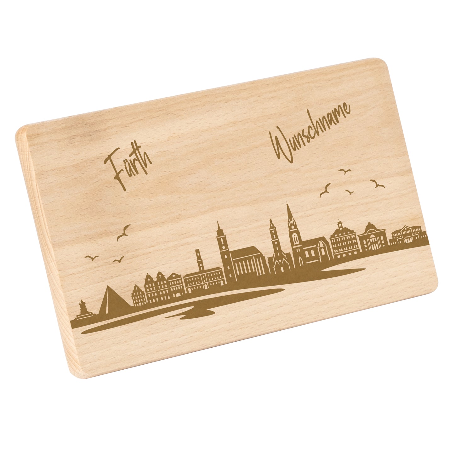 Frühstücksbrettchen 220x120mm mit Gravur mit der Skyline von Fürth personalisierbar mit Wunschname