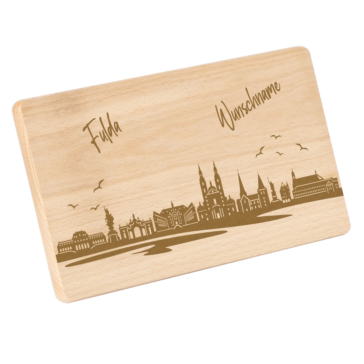 Frühstücksbrettchen 220x120mm mit Gravur mit der Skyline von Fulda personalisierbar mit Wunschname