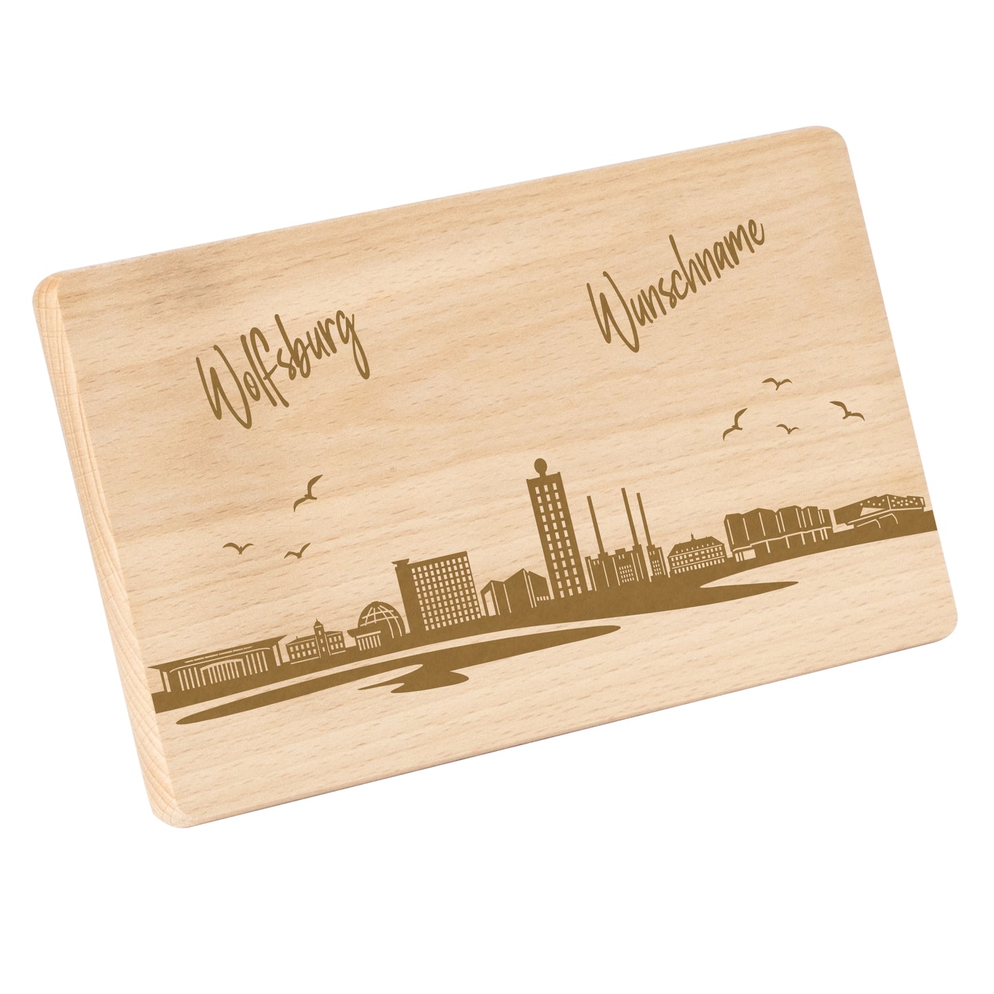 Frühstücksbrettchen 220x120mm mit Gravur mit der Skyline von Wolfsburg personalisierbar mit Wunschname