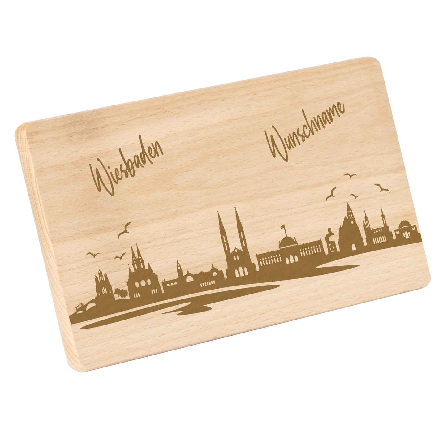 Frühstücksbrettchen 220x120mm mit Gravur mit der Skyline von Wiesbaden personalisierbar mit Wunschname