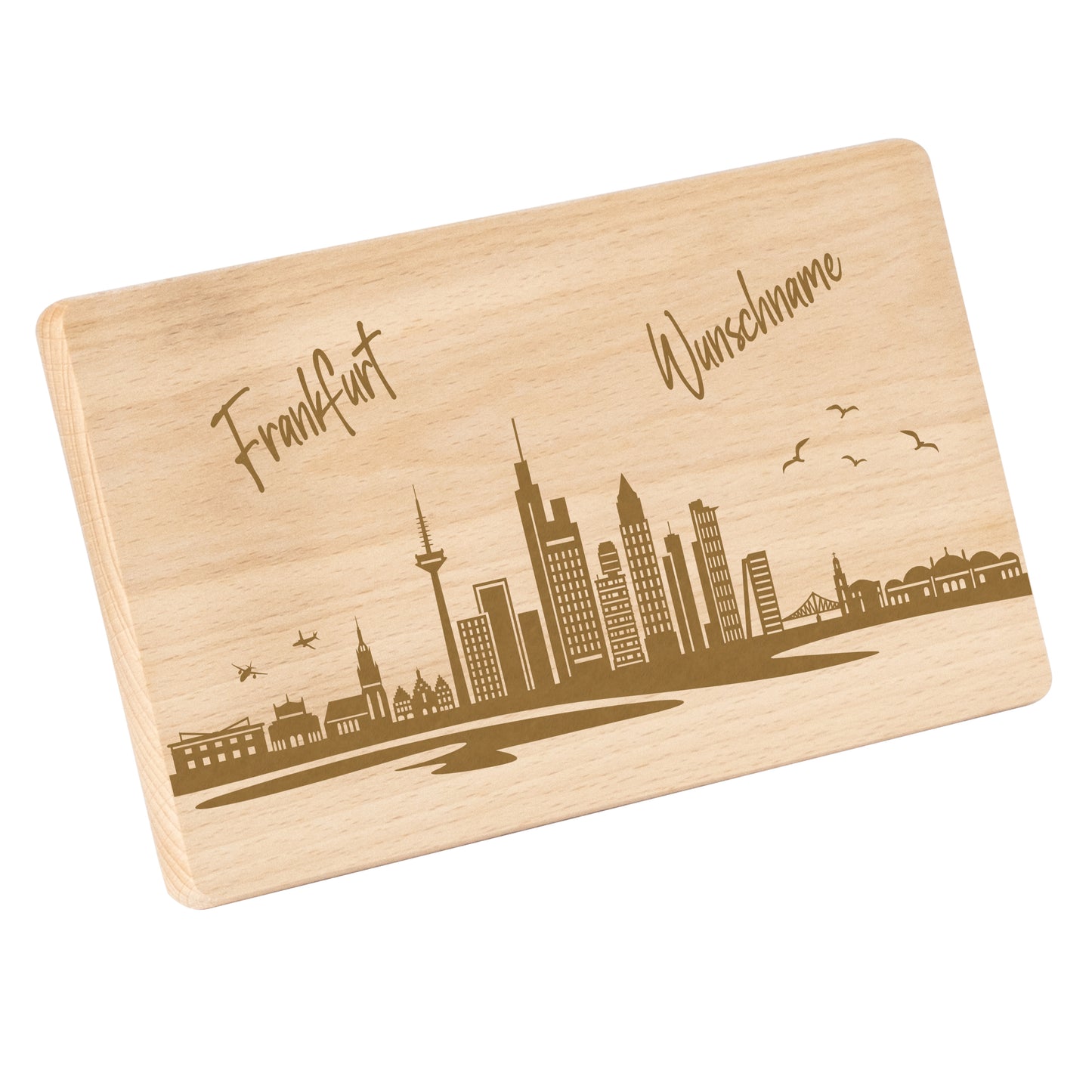 Frühstücksbrettchen 220x120mm mit Gravur mit der Skyline von Frankfurt personalisierbar mit Wunschname
