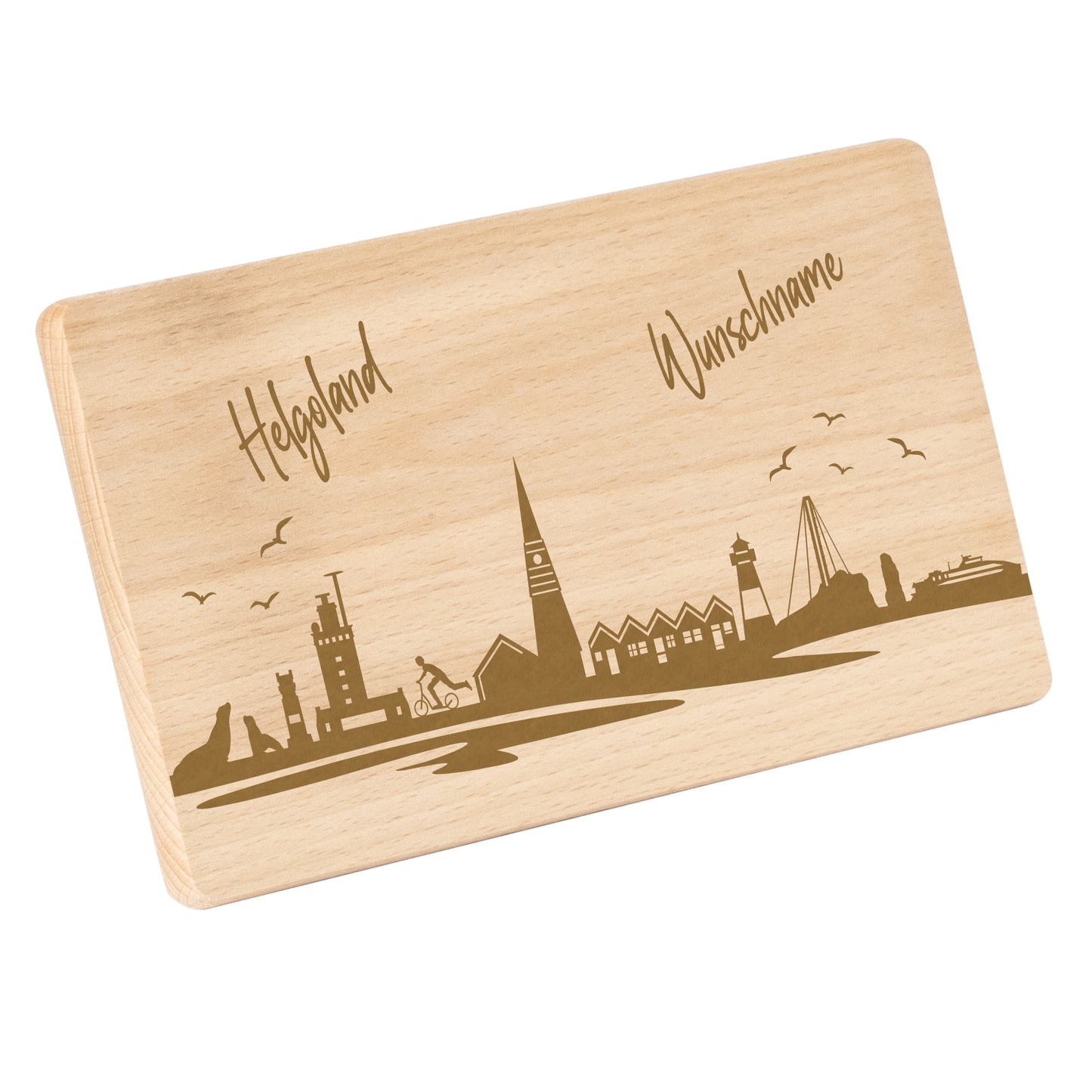 Frühstücksbrettchen 220x120mm mit Gravur mit der Skyline von Helgoland personalisierbar mit Wunschname