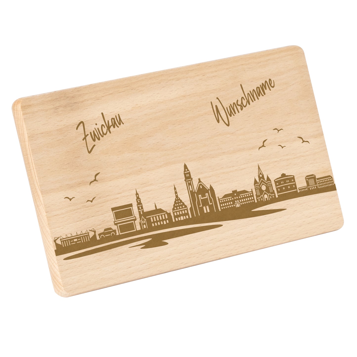 Frühstücksbrettchen 220x120mm mit Gravur mit der Skyline von Zwickau personalisierbar mit Wunschname