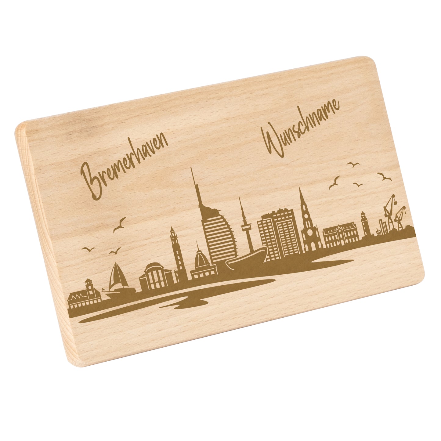 Frühstücksbrettchen 220x120mm mit Gravur mit der Skyline von Bremerhaven personalisierbar mit Wunschname