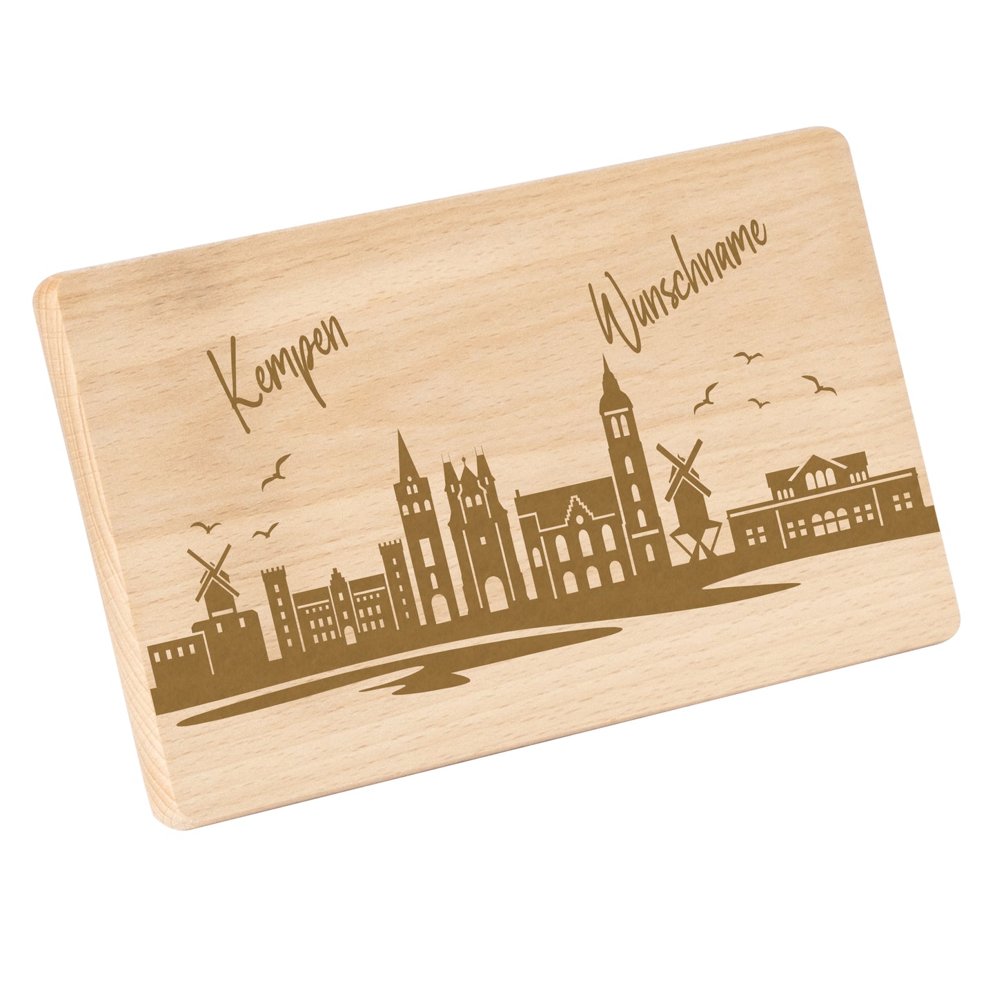 Frühstücksbrettchen 220x120mm mit Gravur mit der Skyline von Kempen personalisierbar mit Wunschname