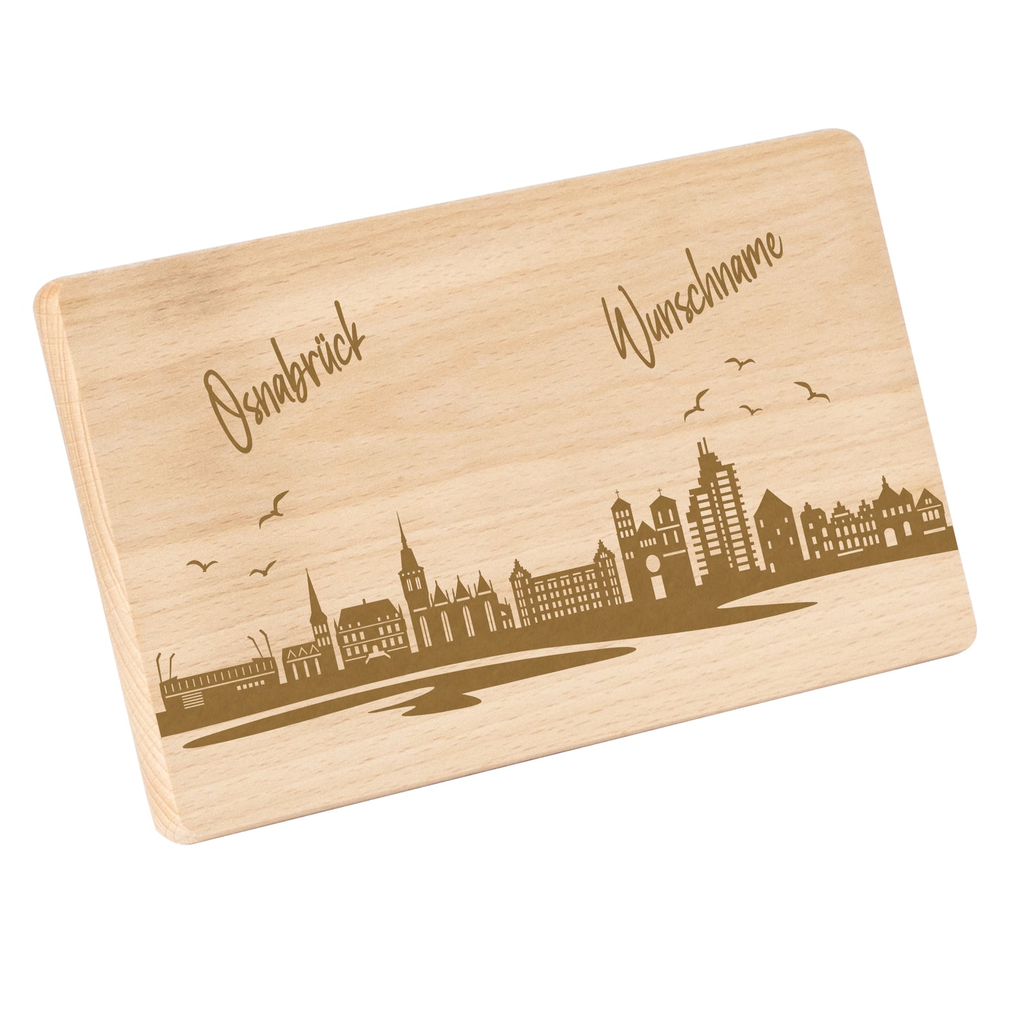 Frühstücksbrettchen 220x120mm mit Gravur mit der Skyline von Osnabrück personalisierbar mit Wunschname