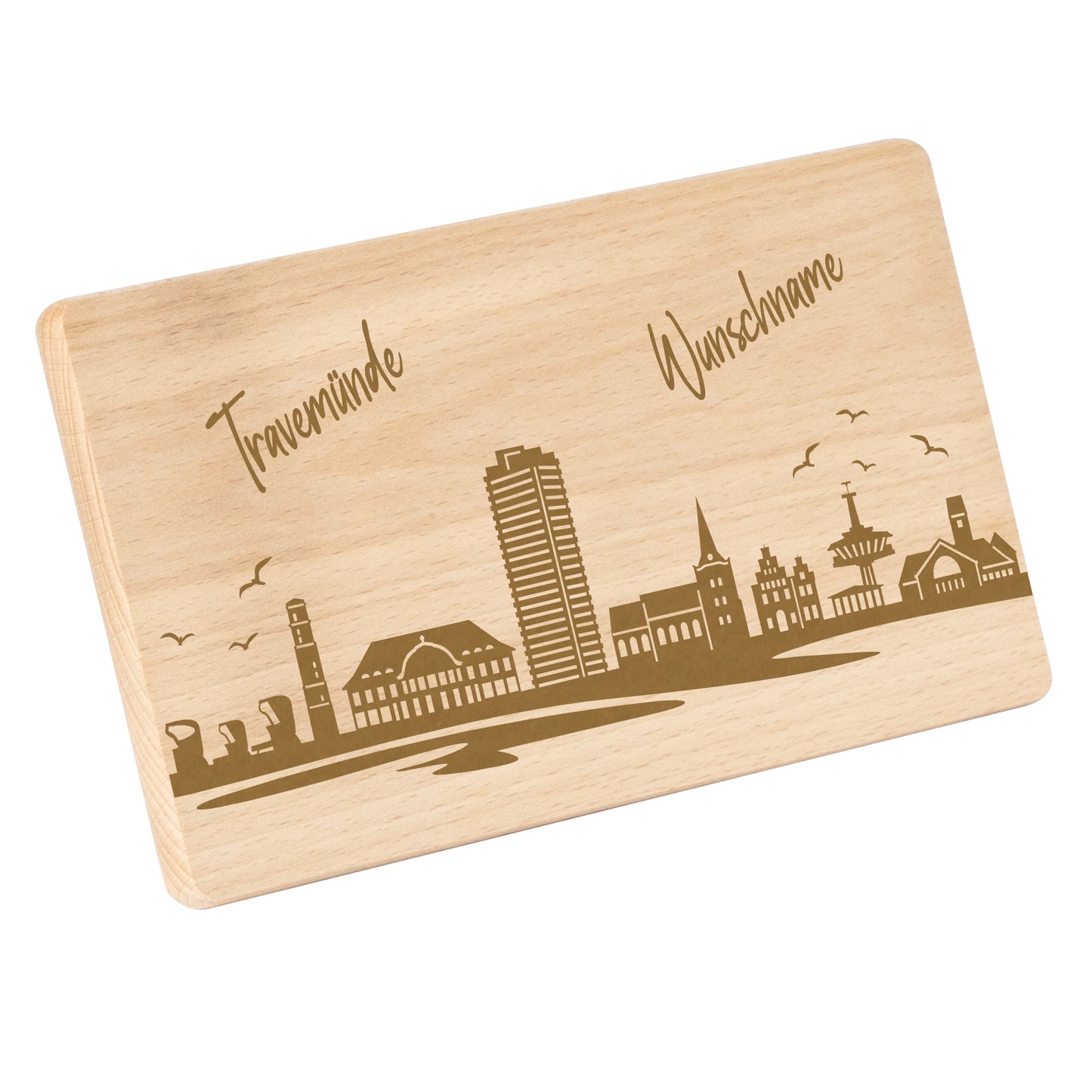 Frühstücksbrettchen 220x120mm mit Gravur mit der Skyline von Travemünde personalisierbar mit Wunschname