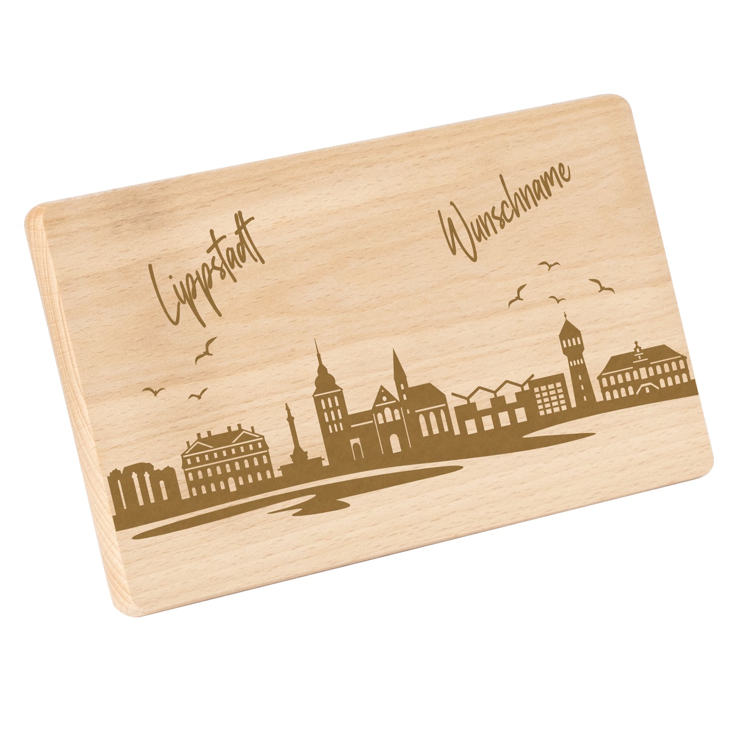 Frühstücksbrettchen 220x120mm mit Gravur mit der Skyline von Lippstadt personalisierbar mit Wunschname