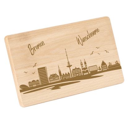 Frühstücksbrettchen 220x120mm mit Gravur mit der Skyline von Bremen personalisierbar mit Wunschname