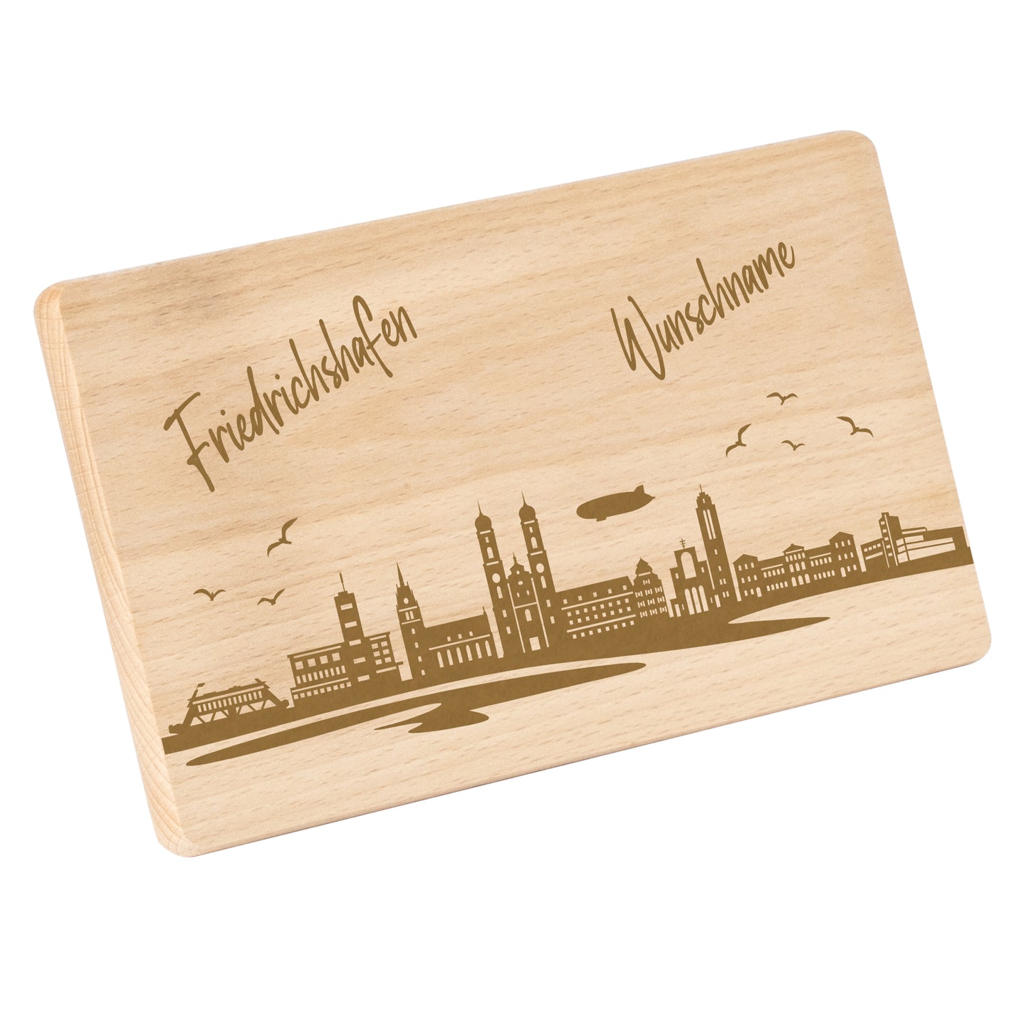 Frühstücksbrettchen 220x120mm mit Gravur mit der Skyline von Friedrichshafen personalisierbar mit Wunschname