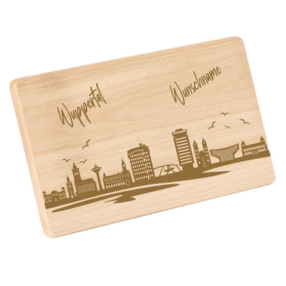 Frühstücksbrettchen 220x120mm mit Gravur mit der Skyline von Wuppertal personalisierbar mit Wunschname