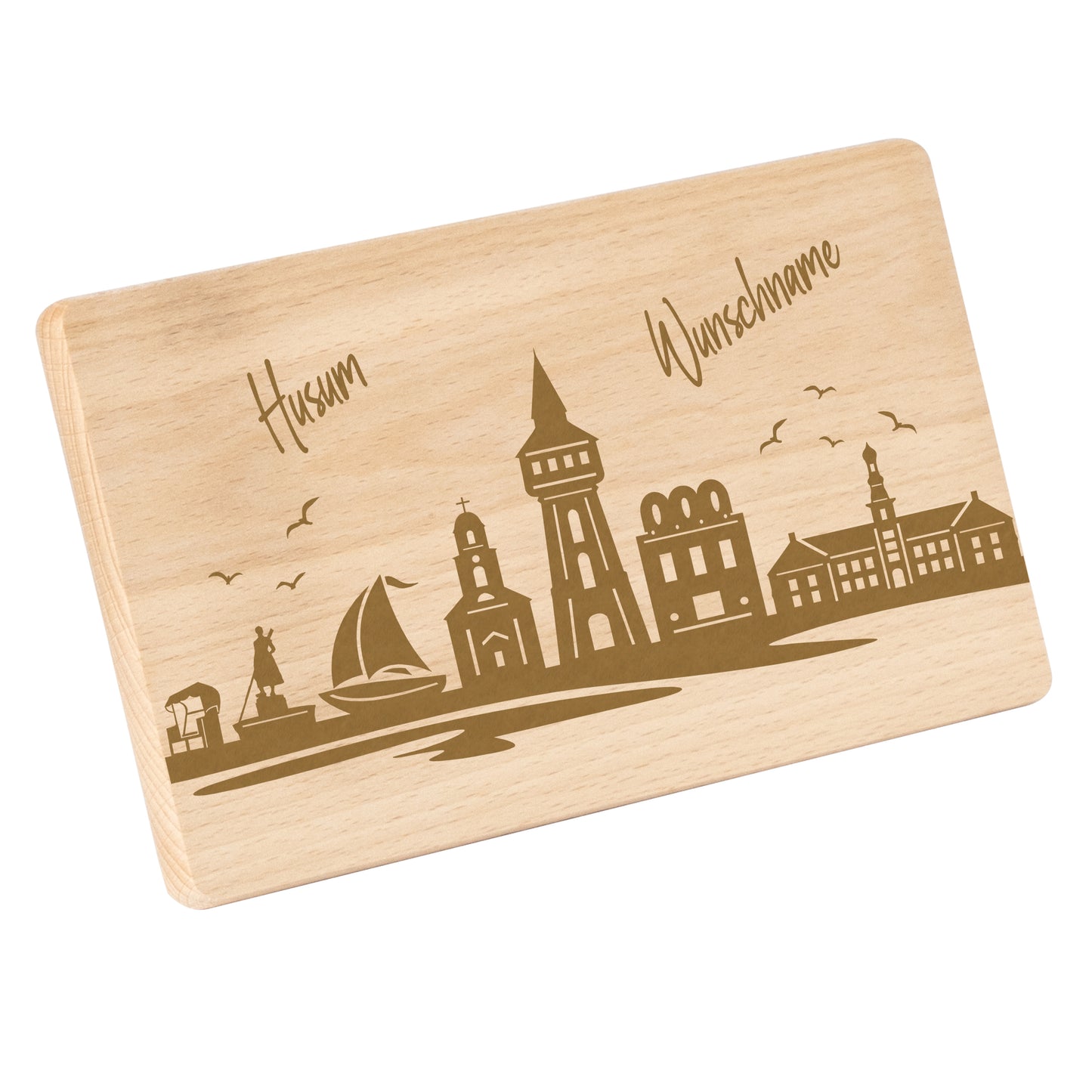 Frühstücksbrettchen 220x120mm mit Gravur mit der Skyline von Husum personalisierbar mit Wunschname