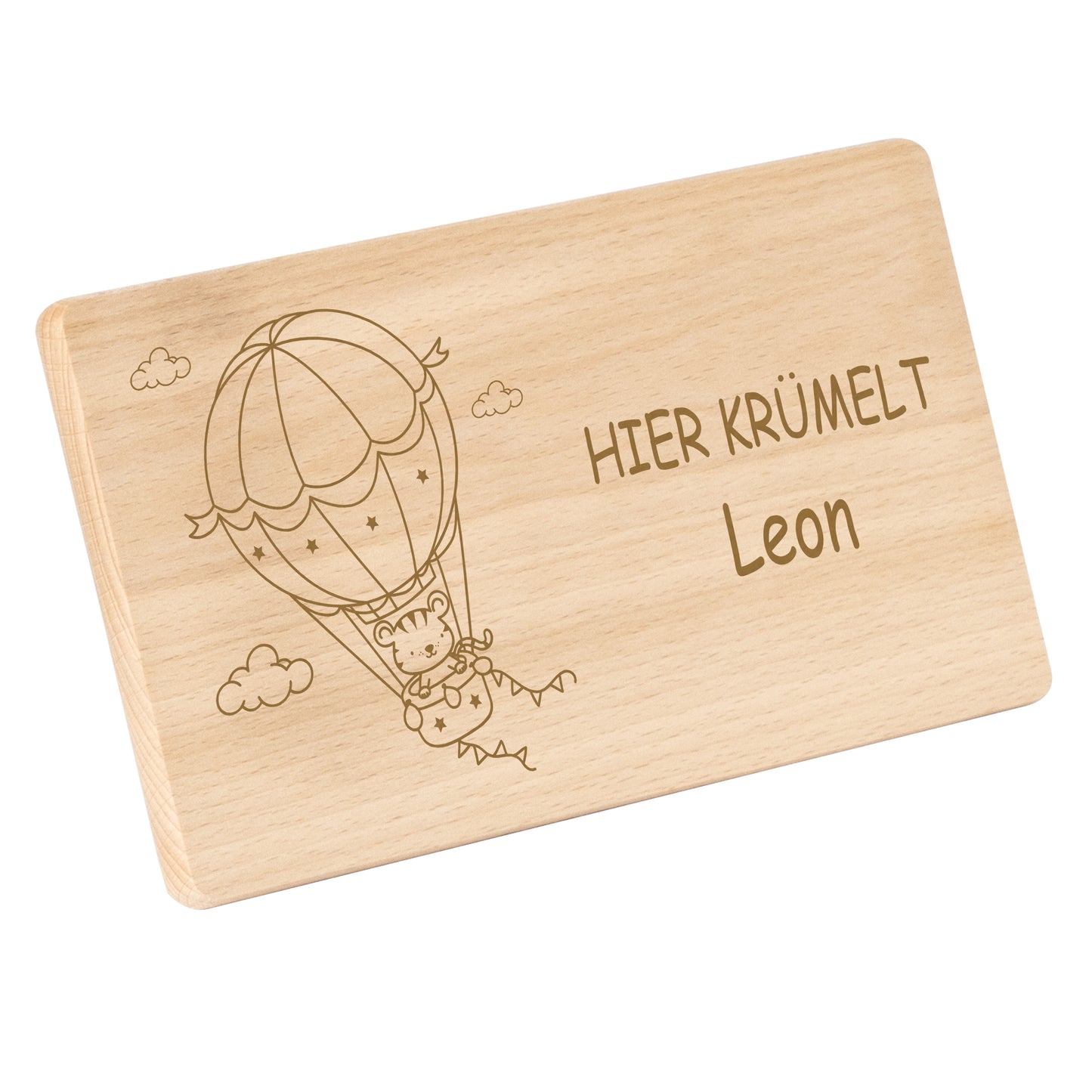 Frühstücksbrettchen 220x120mm mit Gravur "HIER KRÜMELT" Ballon mit Tiger und Wunschname
