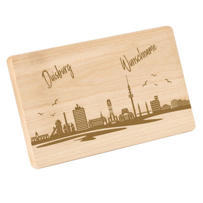 Frühstücksbrettchen 220x120mm mit Gravur mit der Skyline von Duisburg personalisierbar mit Wunschname