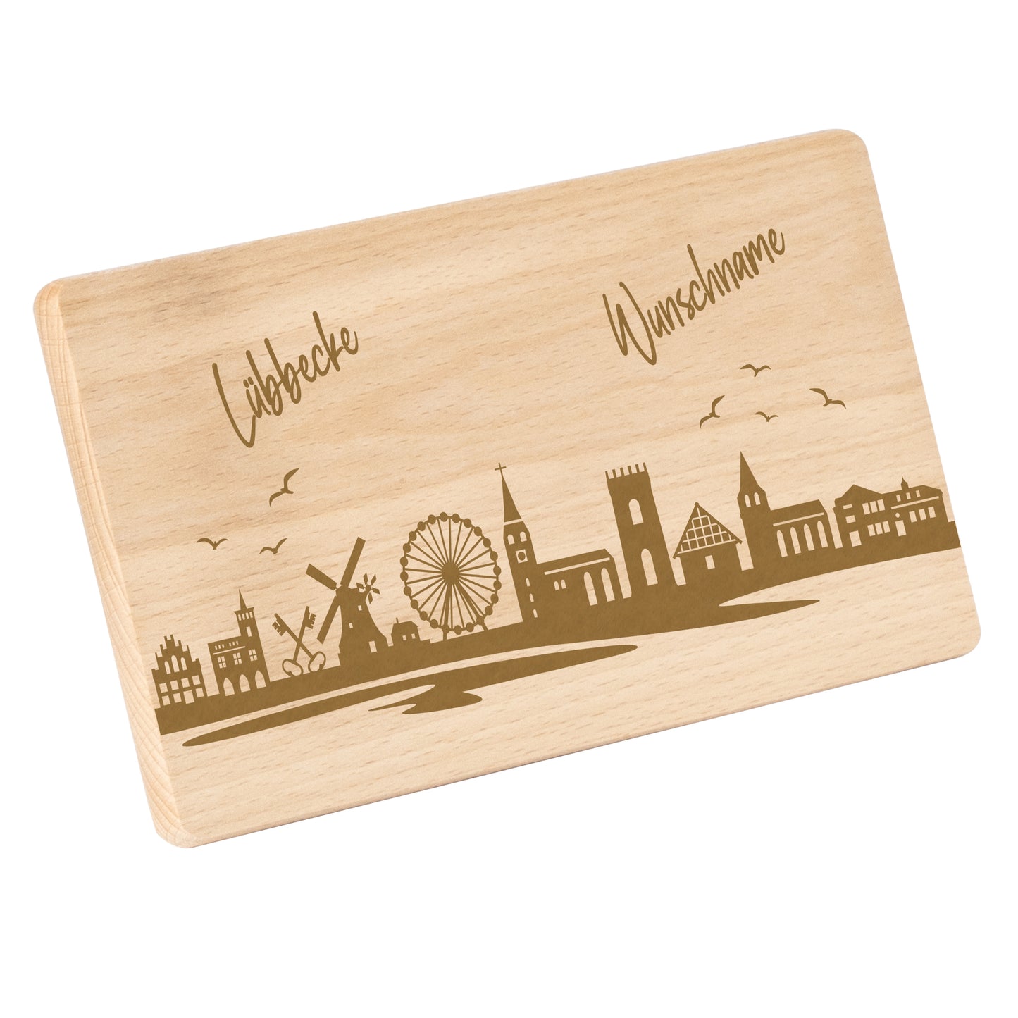 Frühstücksbrettchen 220x120mm mit Gravur mit der Skyline von Lübbecke personalisierbar mit Wunschname