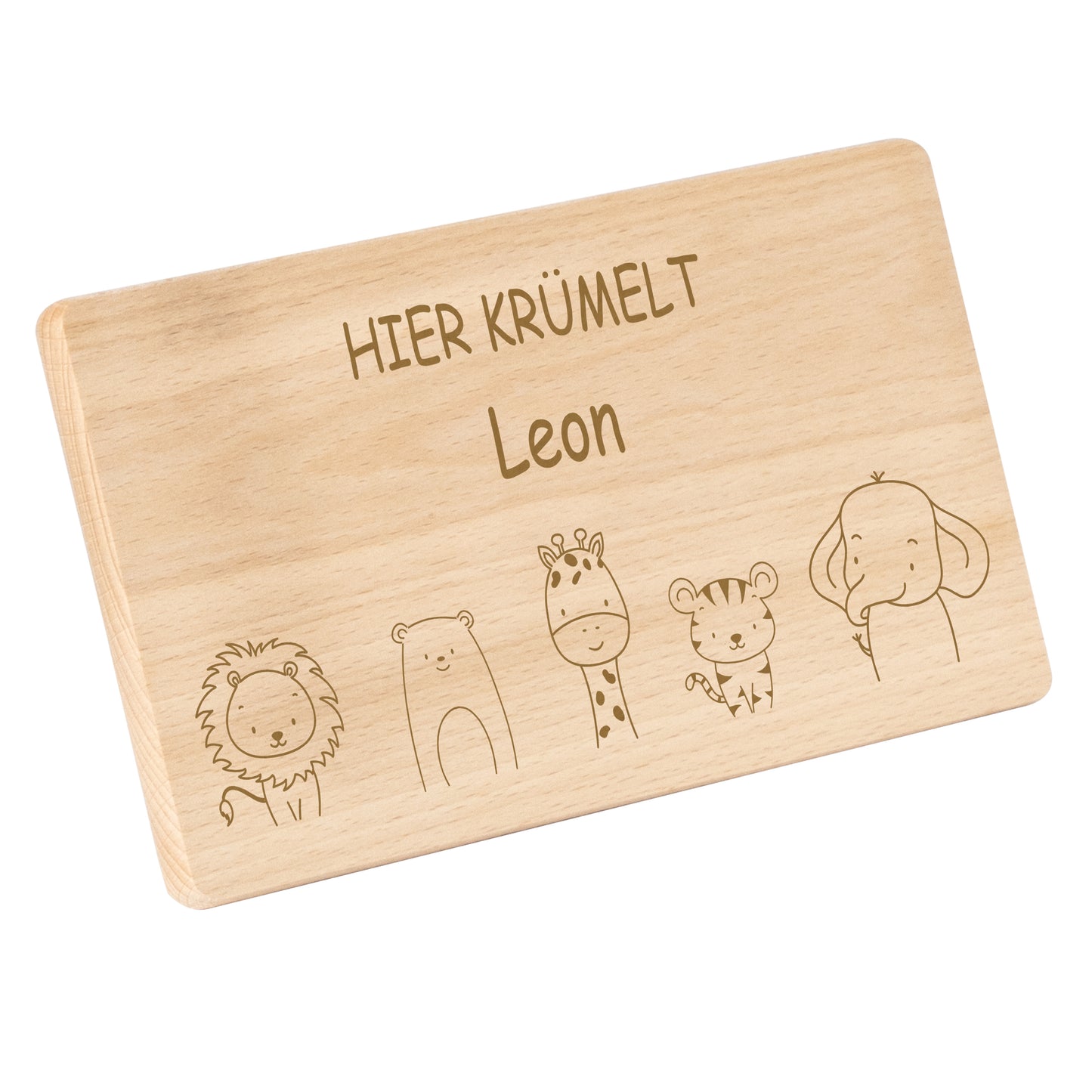 Frühstücksbrettchen 220x120mm mit Gravur "HIER KRÜMELT" Tierchen und Wunschname