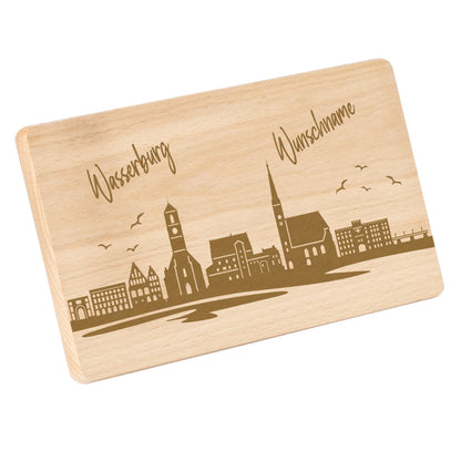 Frühstücksbrettchen 220x120mm mit Gravur mit der Skyline von Wasserburg personalisierbar mit Wunschname