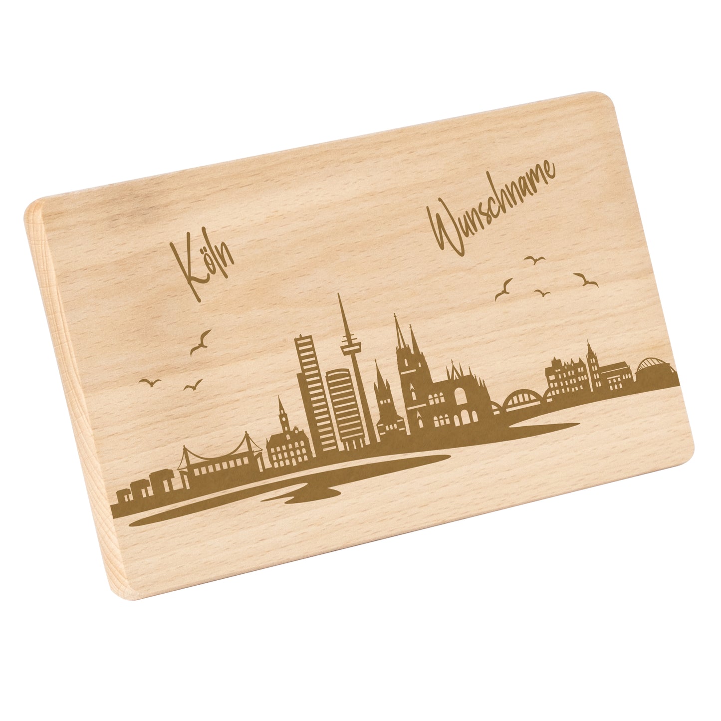 Frühstücksbrettchen 220x120mm mit Gravur mit der Skyline von Köln personalisierbar mit Wunschname