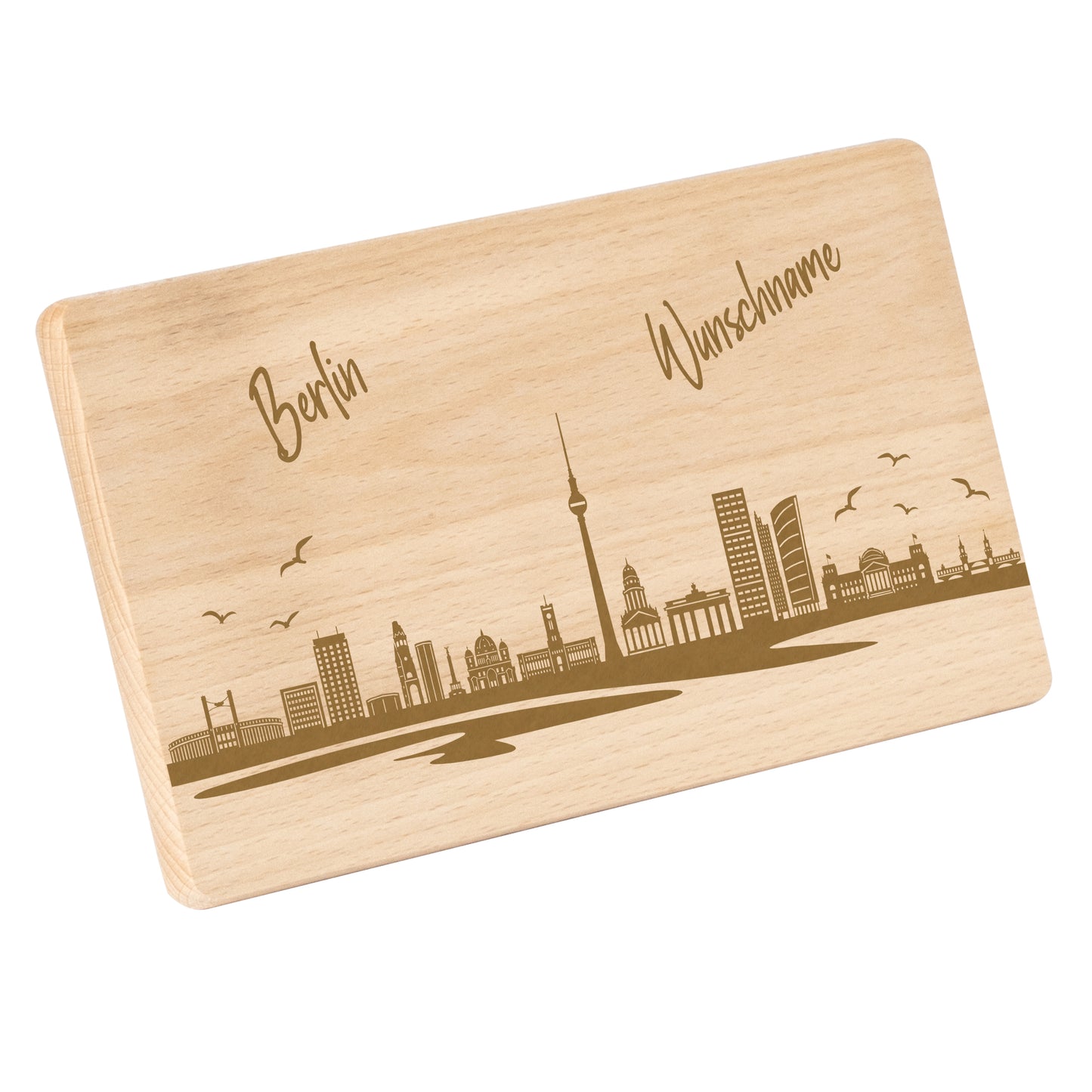 Frühstücksbrettchen 220x120mm mit Gravur mit der Skyline von Berlin personalisierbar mit Wunschname