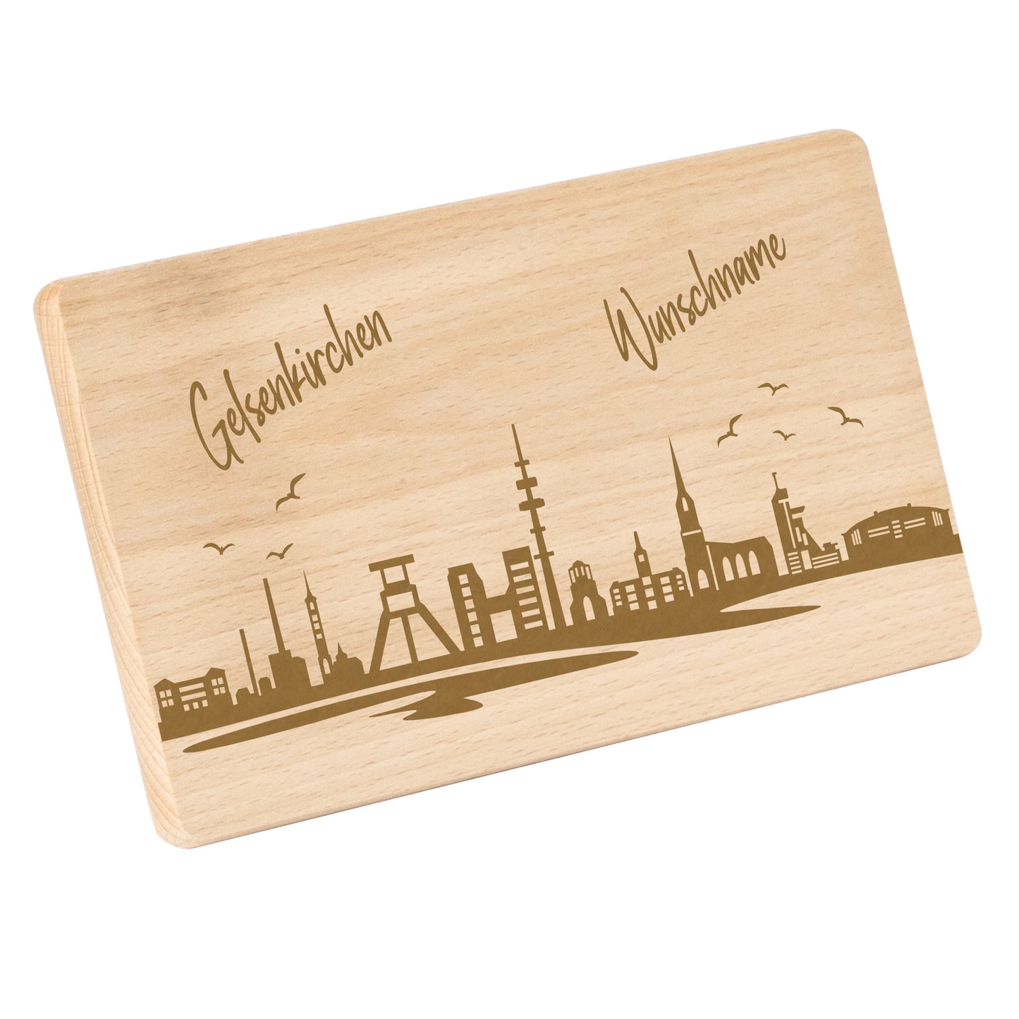 Frühstücksbrettchen 220x120mm mit Gravur mit der Skyline von Gelsenkirchen personalisierbar mit Wunschname