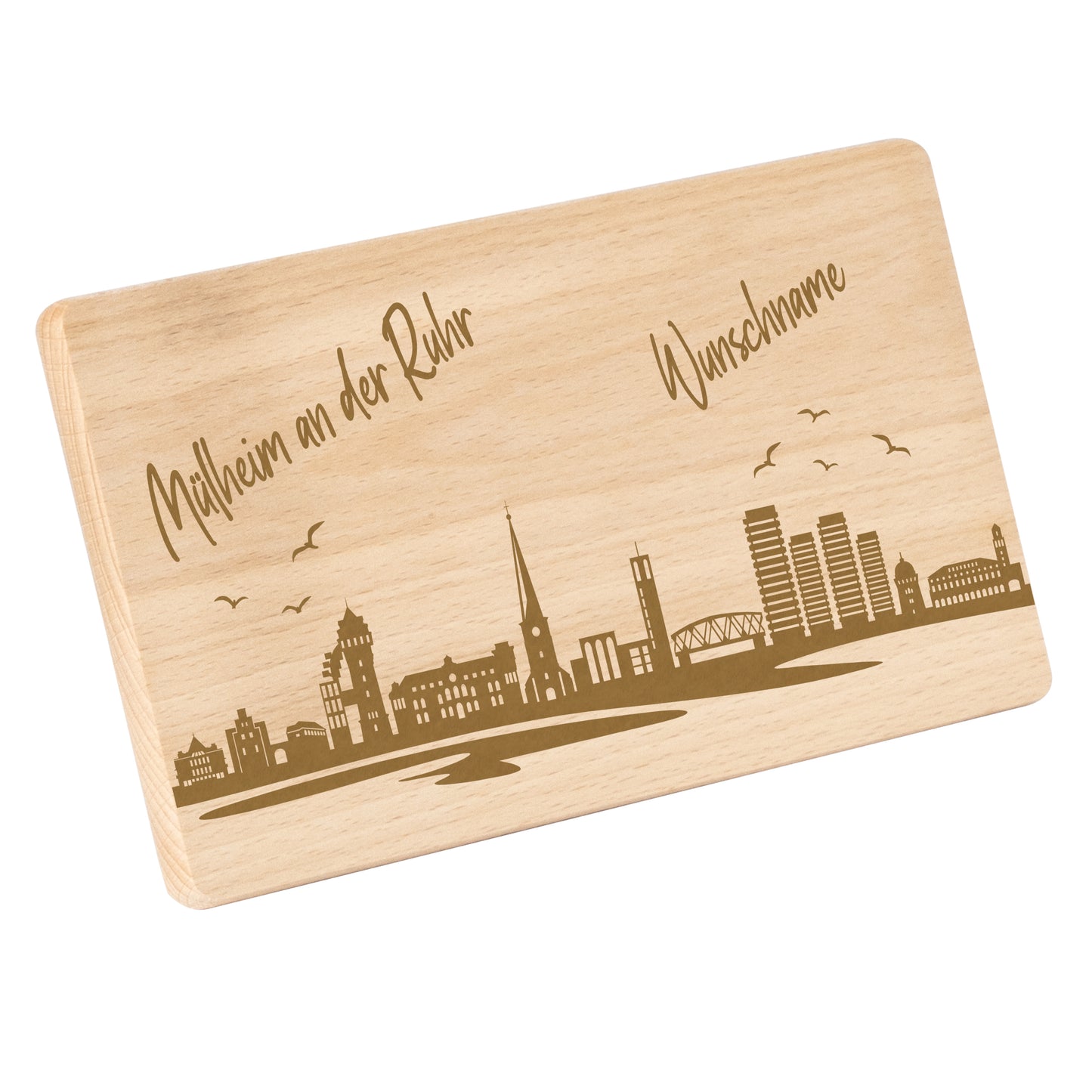 Frühstücksbrettchen 220x120mm mit Gravur mit der Skyline von Mülheim an der Ruhr personalisierbar mit Wunschname