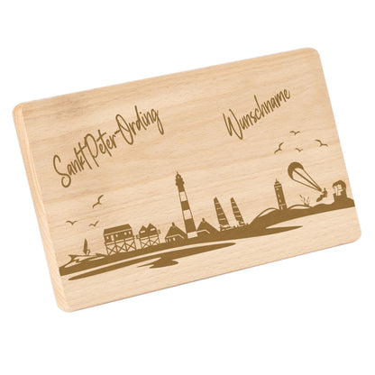 Frühstücksbrettchen 220x120mm mit Gravur mit der Skyline von Sankt Peter-Ording personalisierbar mit Wunschname