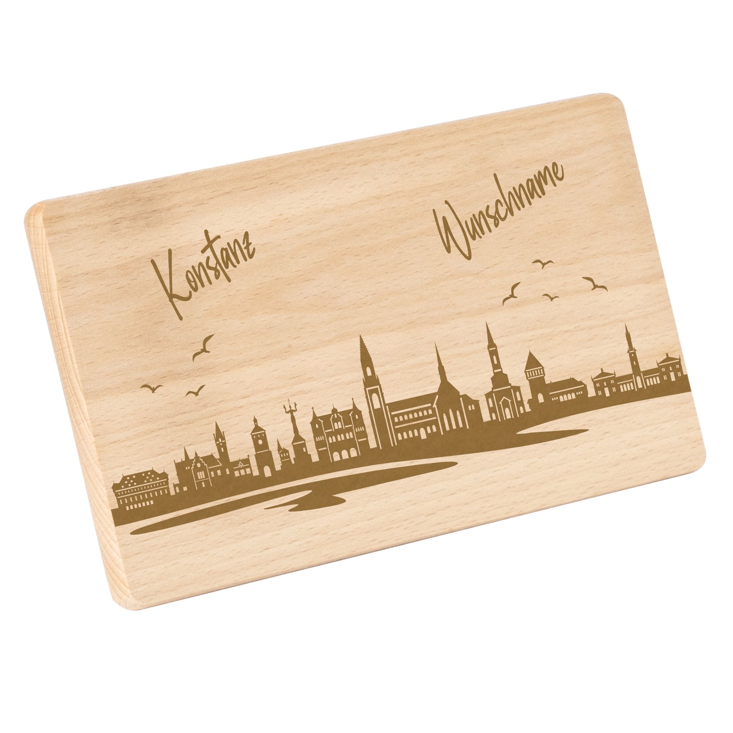 Frühstücksbrettchen 220x120mm mit Gravur mit der Skyline von Konstanz personalisierbar mit Wunschname