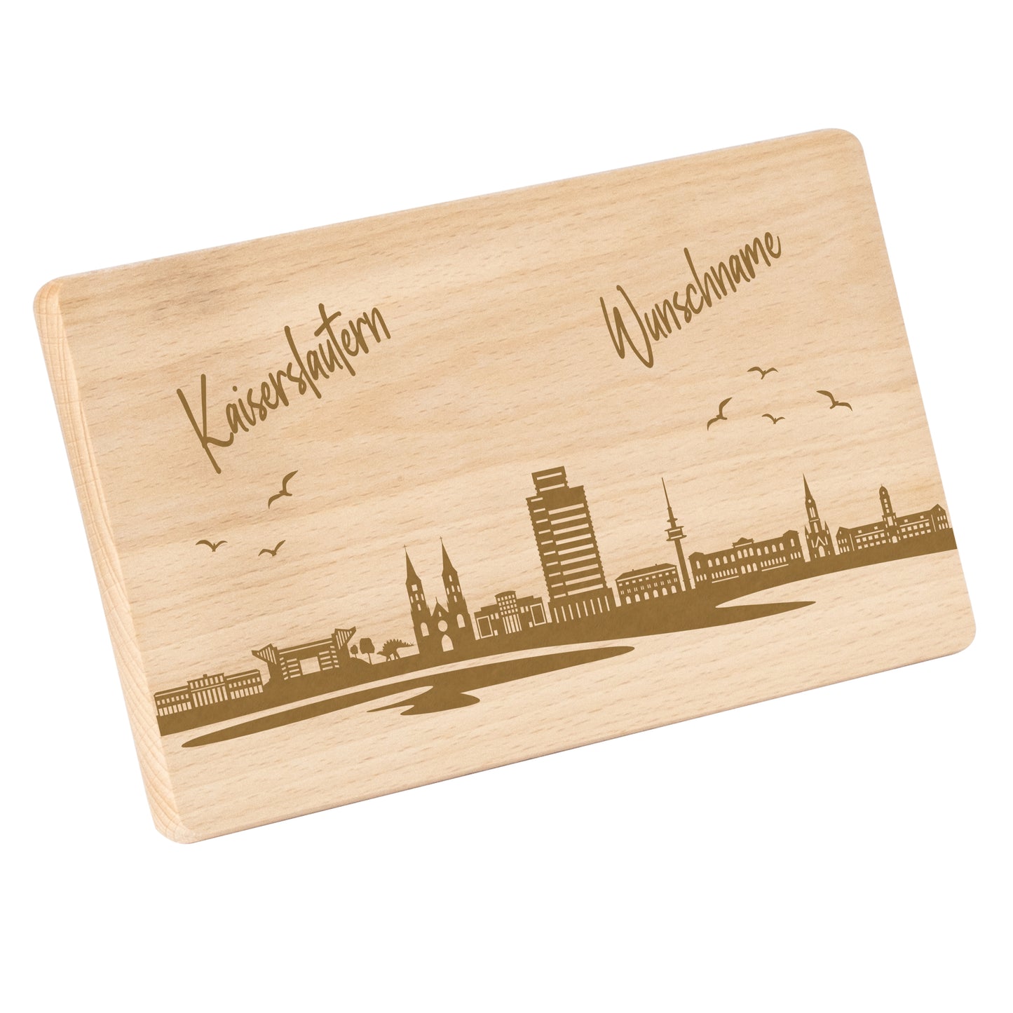 Frühstücksbrettchen 220x120mm mit Gravur mit der Skyline von Kaiserslautern personalisierbar mit Wunschname