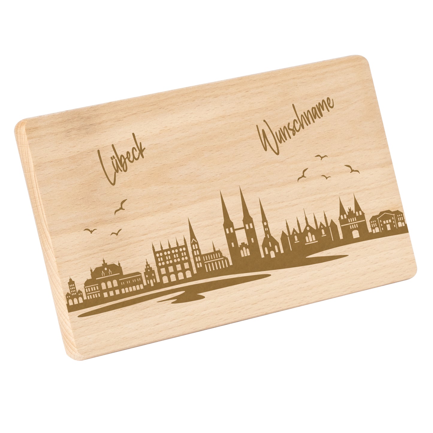 Frühstücksbrettchen 220x120mm mit Gravur mit der Skyline von Lübeck personalisierbar mit Wunschname