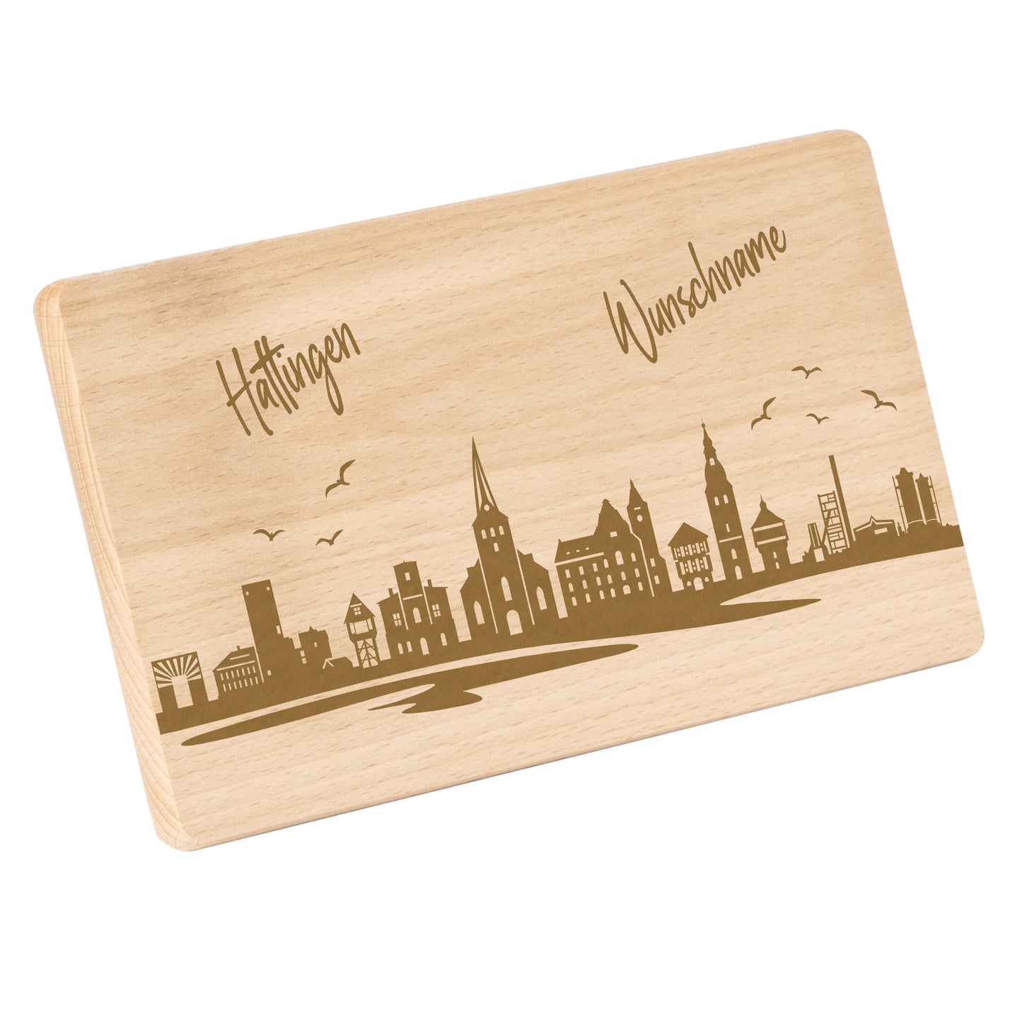 Frühstücksbrettchen 220x120mm mit Gravur mit der Skyline von Hattingen personalisierbar mit Wunschname