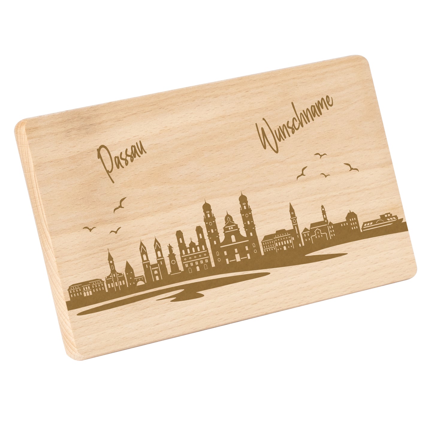 Frühstücksbrettchen 220x120mm mit Gravur mit der Skyline von Passau personalisierbar mit Wunschname