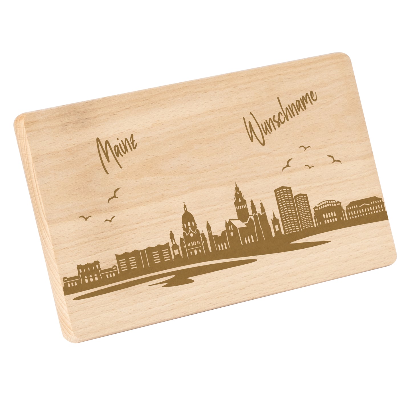 Frühstücksbrettchen 220x120mm mit Gravur mit der Skyline von Mainz personalisierbar mit Wunschname