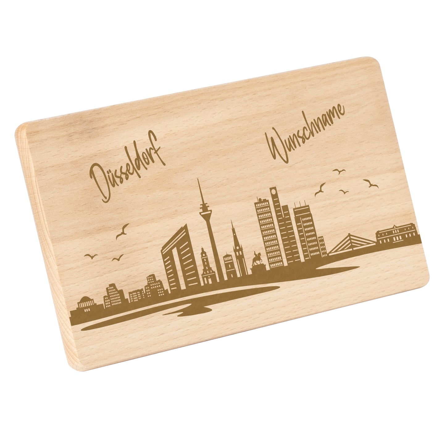 Frühstücksbrettchen 220x120mm mit Gravur mit der Skyline von Düsseldorf personalisierbar mit Wunschname