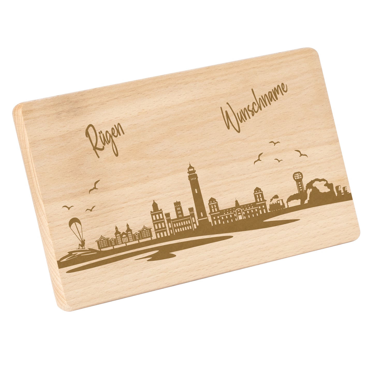 Frühstücksbrettchen 220x120mm mit Gravur mit der Skyline von Rügen personalisierbar mit Wunschname