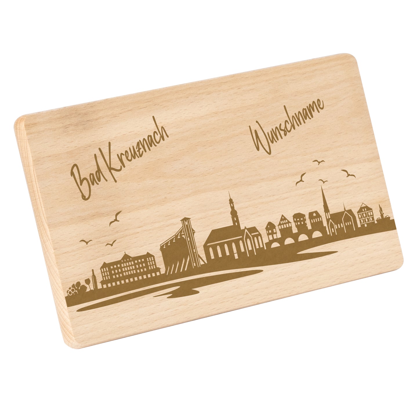 Frühstücksbrettchen 220x120mm mit Gravur mit der Skyline von Bad Kreuznach personalisierbar mit Wunschname