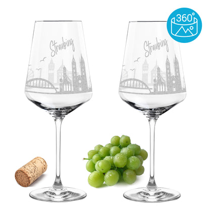 Weinglas mit Gravur Leonardo Puccini "SKYLINE STRAUBING" 2 Gläser optional mit Wunschname