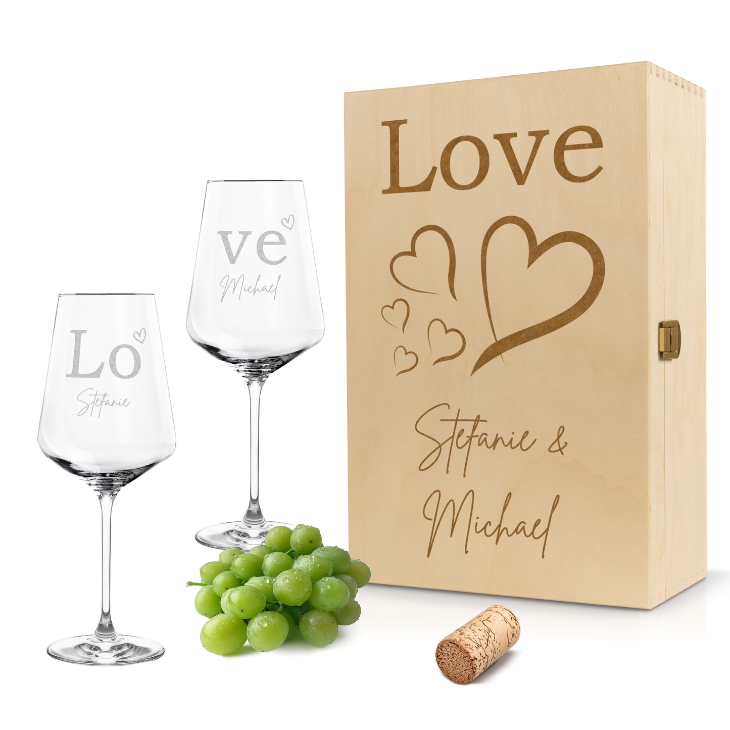 Weinglas mit Gravur Leonardo Puccini "LOVE" 2 Gläser und Holzbox groß mit Wunschname