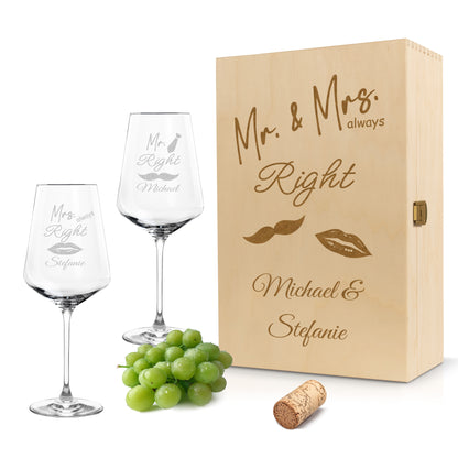 Weinglas mit Gravur Leonardo Puccini "MR. & MRS. ALWAYS RIGHT" 2 Gläser und Holzbox groß mit Wunschname