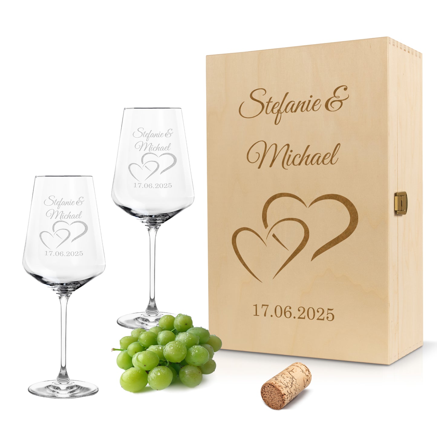 Weinglas mit Gravur Leonardo Puccini "LIEBES GLAS HERZ1" 2 Gläser und Holzbox groß mit Wunschname & Datum