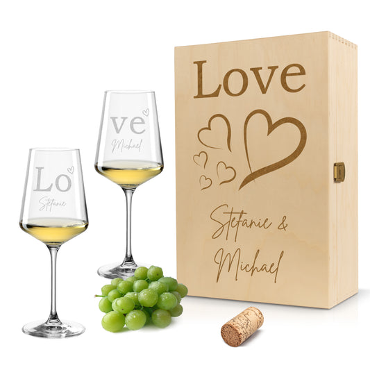 Weinglas mit Gravur Leonardo Puccini "LOVE" 2 Gläser und Holzbox groß mit Wunschname