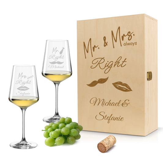 Weinglas mit Gravur Leonardo Puccini "MR. & MRS. ALWAYS RIGHT" 2 Gläser und Holzbox groß mit Wunschname